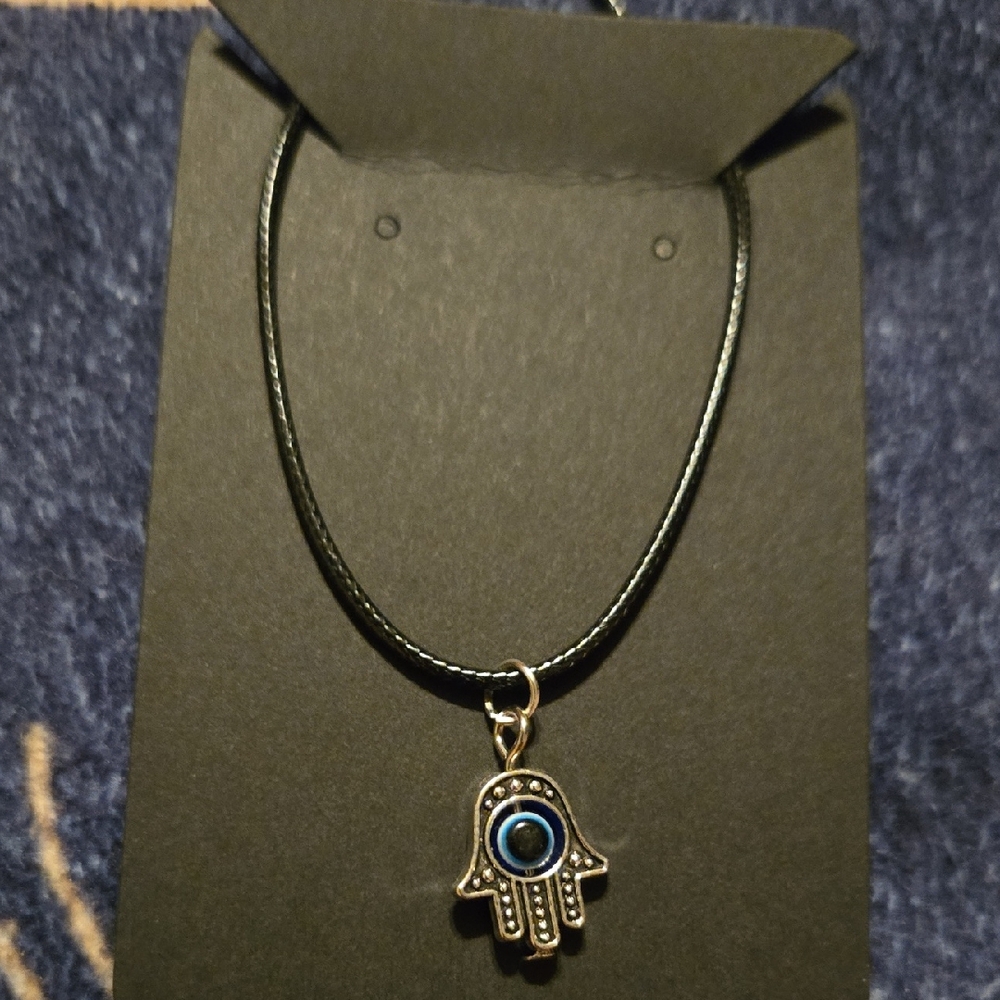 Silver Hamsa Pendant Necklace with Blue Accent